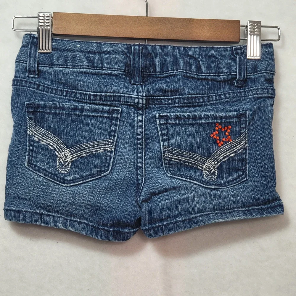 SO Authentic American Heritage Girls Denim Shorts Blue Stars Stripes Glitter 7‎